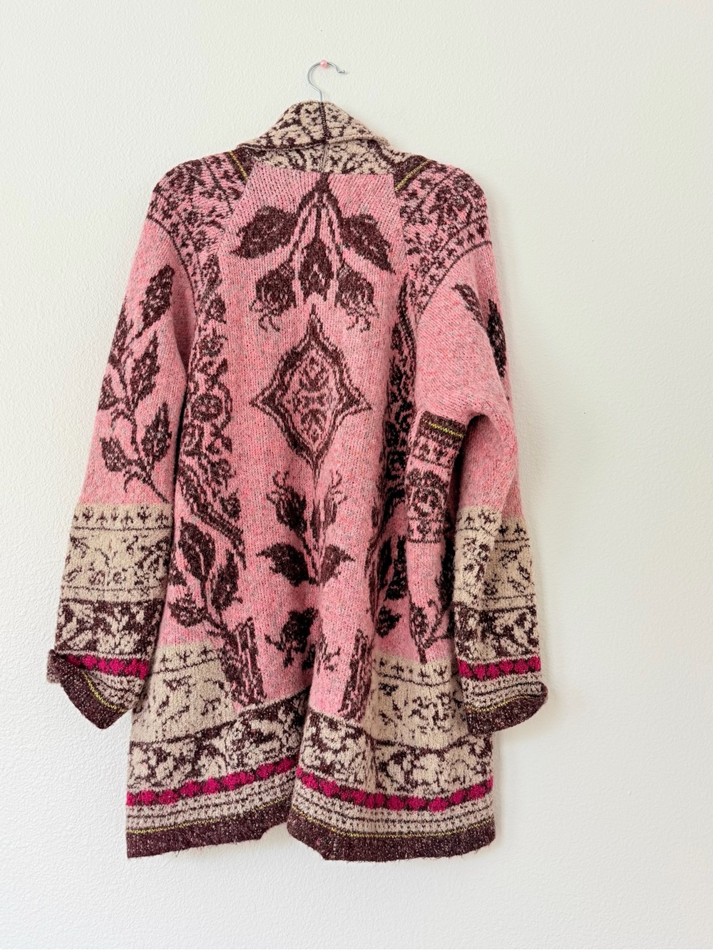 By Anthropologie  Cozy Pink & Cream Patterned Open Cardigan - Picture 9 of 9